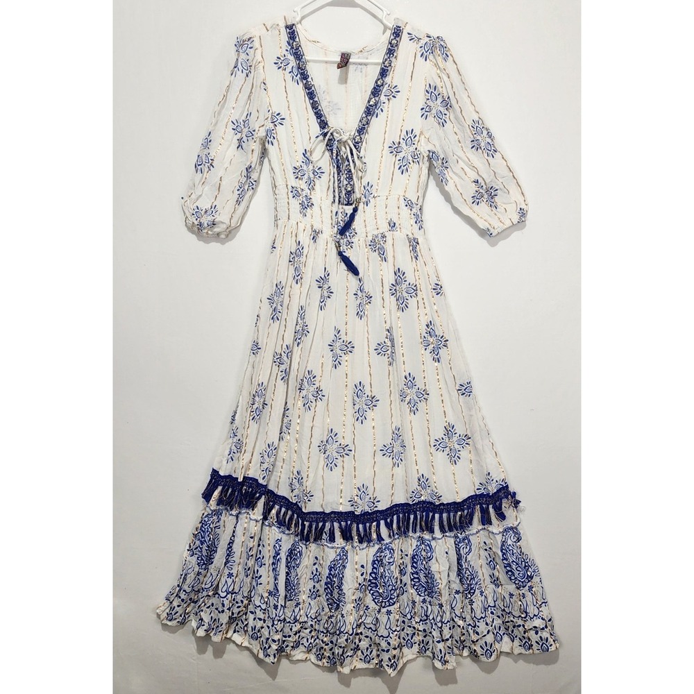 Me‎ Too Magic Women's Freshy Maxi Dress White/Blue With Gold Accents Size S
